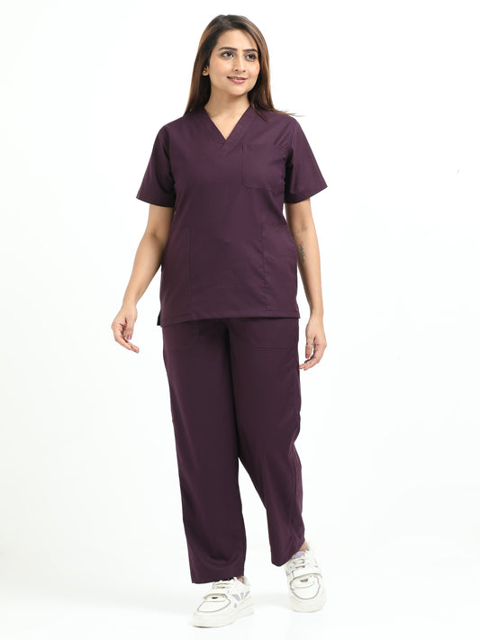 Women’s Wine Medical Scrub Set – V-Neck Top & Straight Pants | Twill Fabric, Breathable & Antibacterial – Eco Flex
