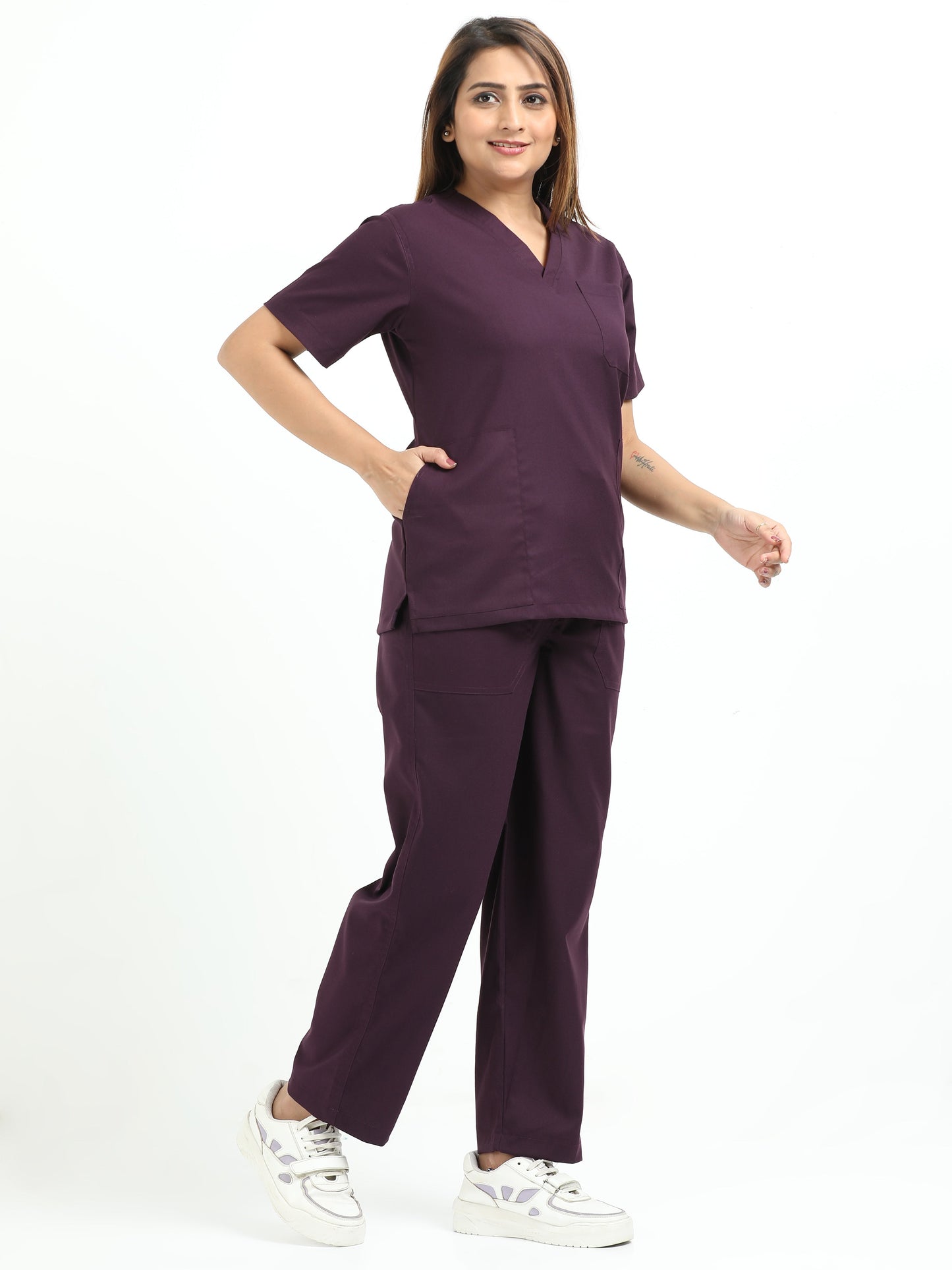 Women’s Wine Medical Scrub Set – V-Neck Top & Straight Pants | Twill Fabric, Breathable & Antibacterial – Eco Flex