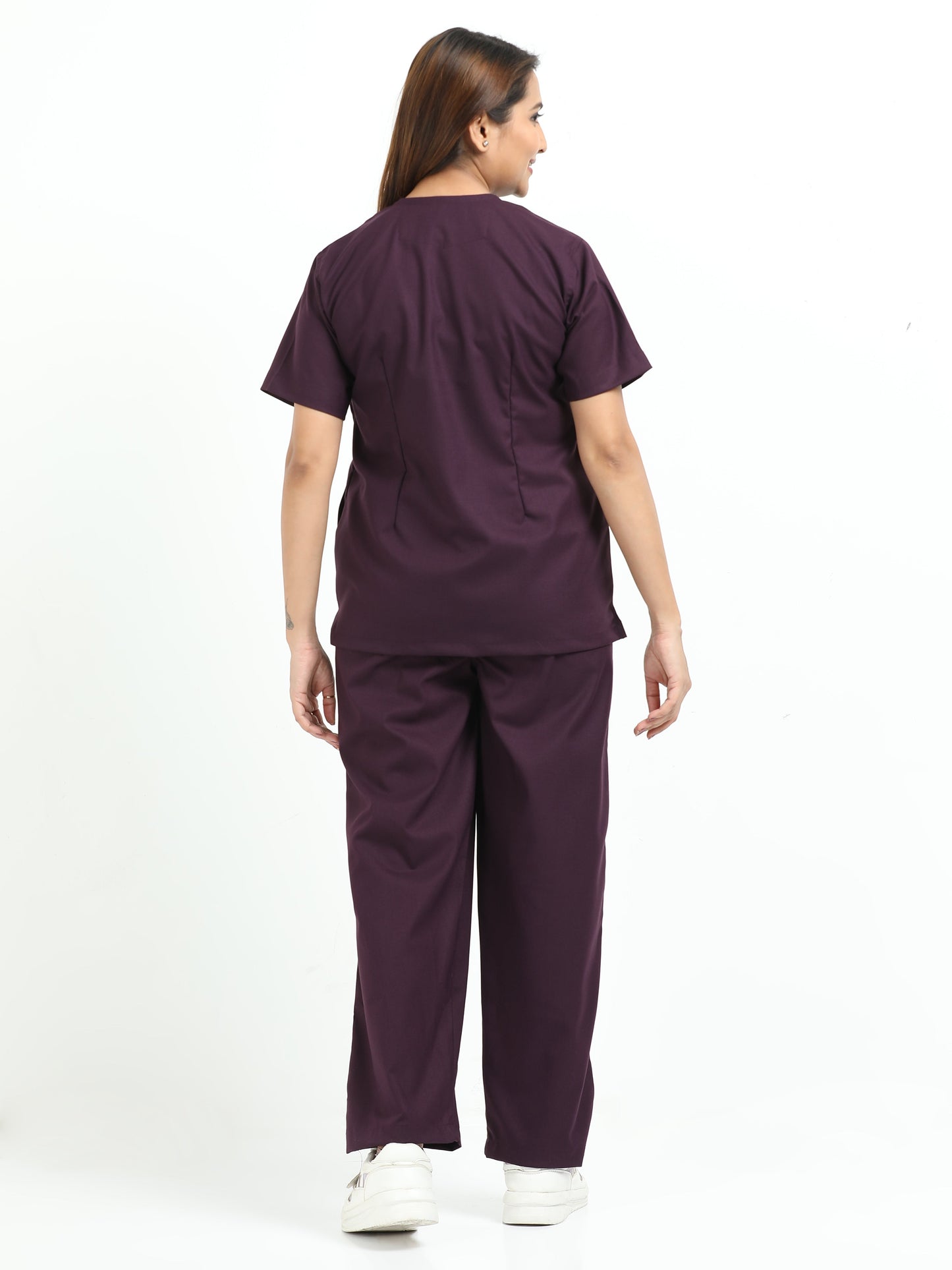 Women’s Wine Medical Scrub Set – V-Neck Top & Straight Pants | Twill Fabric, Breathable & Antibacterial – Eco Flex