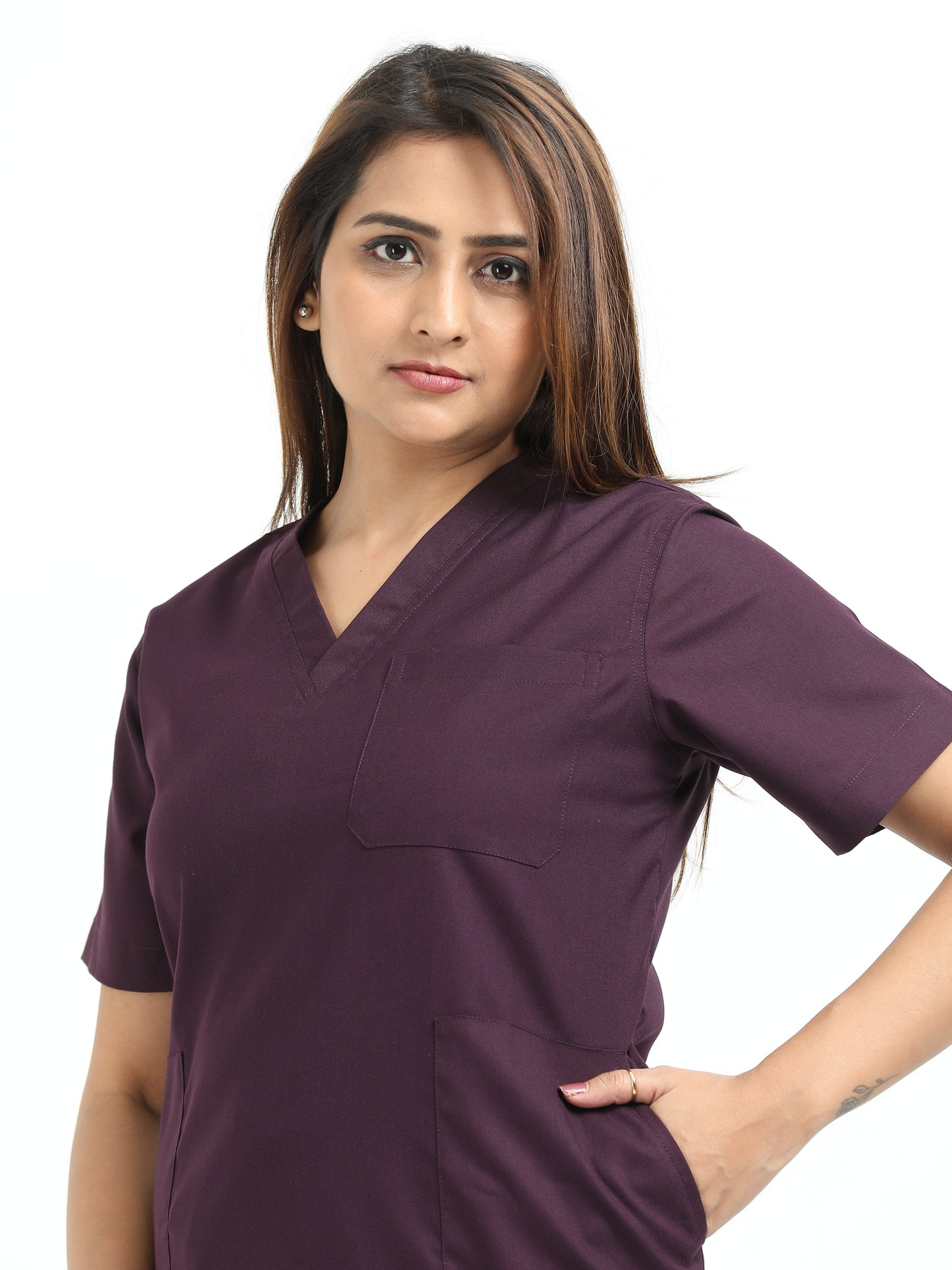 Women’s Wine Medical Scrub Set – V-Neck Top & Straight Pants | Twill Fabric, Breathable & Antibacterial – Eco Flex