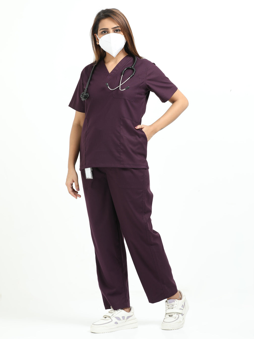 Women’s Wine Medical Scrub Set – V-Neck Top & Straight Pants | Twill Fabric, Breathable & Antibacterial – Eco Flex