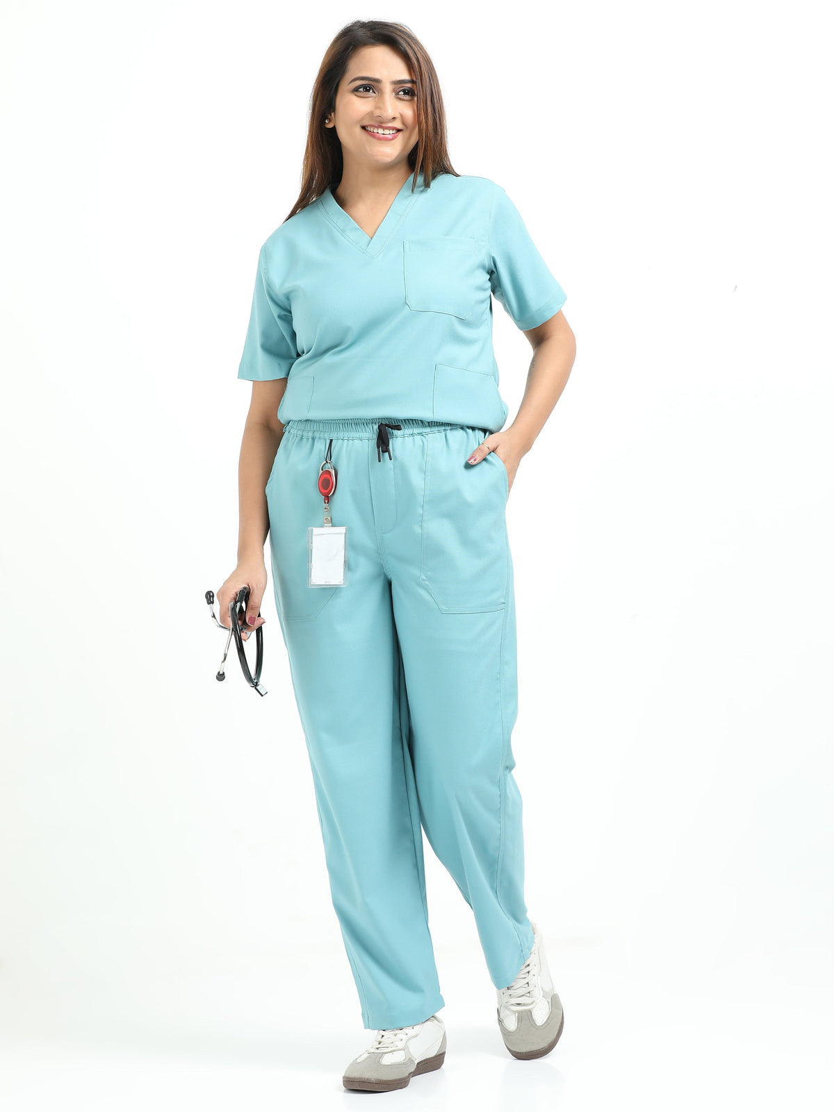 Women’s Eucalyptus Green Medical Scrub Set – V-Neck Top & Straight Pants | 2-Way Stretch, Breathable & Antibacterial Fabric – Apollo
