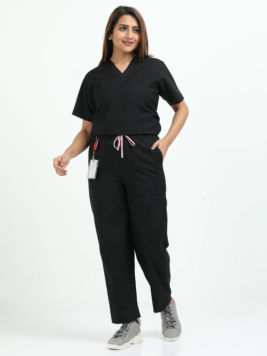 Women’s Black Knight Medical Scrub Set – V-Neck Top & Straight Pants | Twill Fabric, Antibacterial & Wrinkle-Resistant – Eco Flex