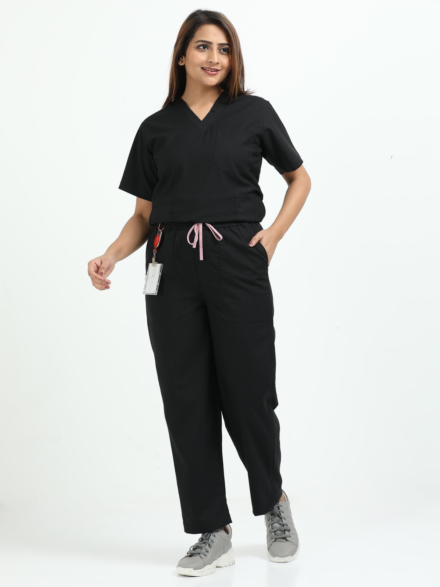 Women’s Black Knight Medical Scrub Set – V-Neck Top & Straight Pants | 2-Way Stretch, Antibacterial & Wrinkle-Resistant – Apollo