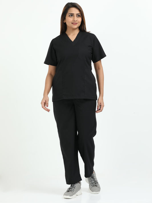 Women’s Black Knight Medical Scrub Set – V-Neck Top & Straight Pants | 2-Way Stretch, Antibacterial & Wrinkle-Resistant – Apollo
