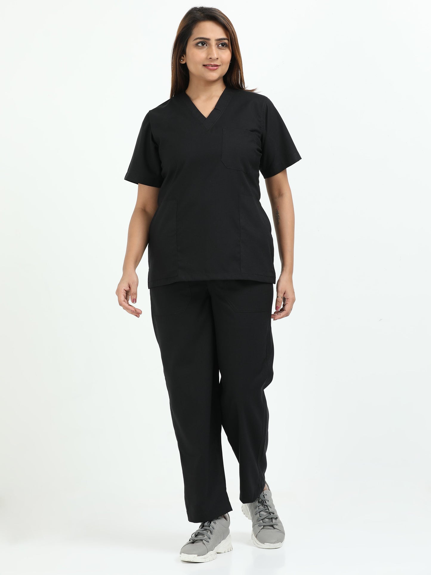 Women’s Black Knight Medical Scrub Set – V-Neck Top & Straight Pants | Twill Fabric, Antibacterial & Wrinkle-Resistant – Eco Flex