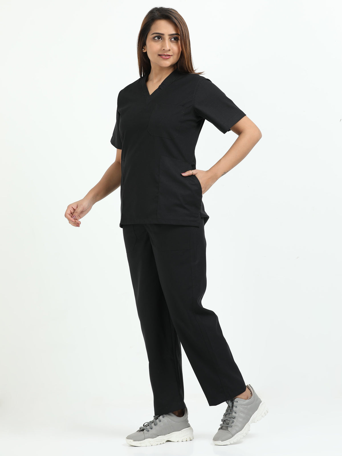 Women’s Black Knight Medical Scrub Set – V-Neck Top & Straight Pants | 2-Way Stretch, Antibacterial & Wrinkle-Resistant – Apollo