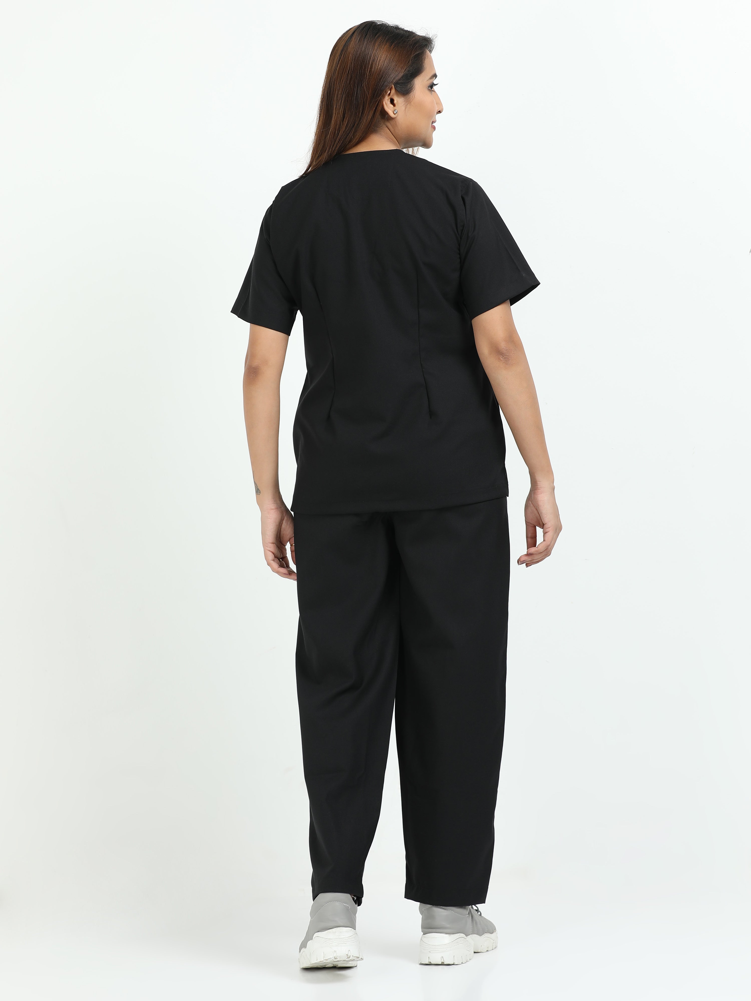 Women’s Black Knight Medical Scrub Set – V-Neck Top & Straight Pants | 2-Way Stretch, Antibacterial & Wrinkle-Resistant – Apollo