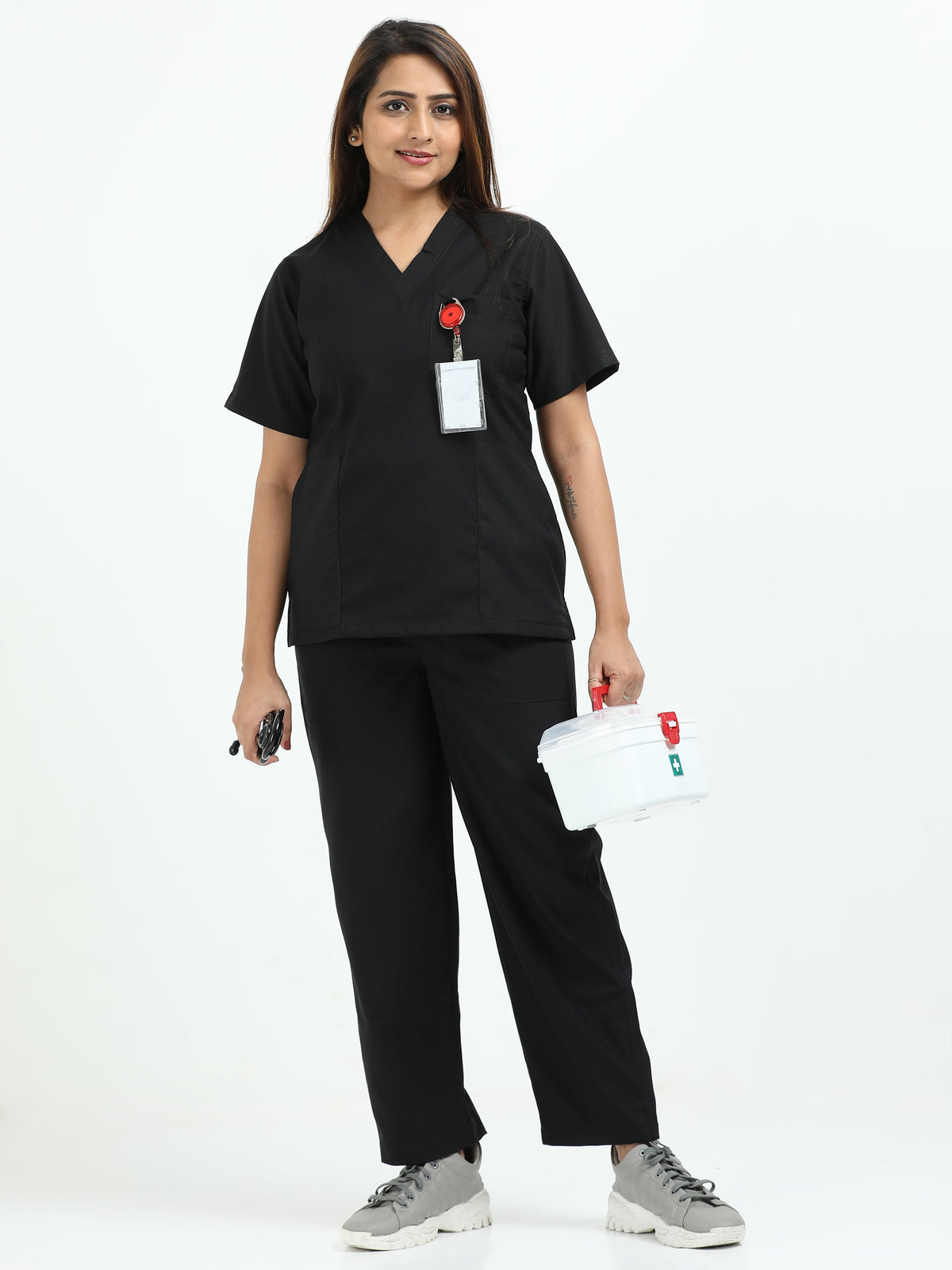 Women’s Black Knight Medical Scrub Set – V-Neck Top & Straight Pants | 2-Way Stretch, Antibacterial & Wrinkle-Resistant – Apollo
