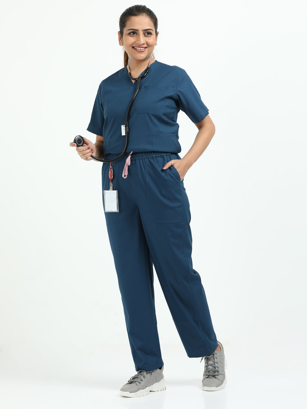 Women’s Galaxy Blue Medical Scrub Set – V-Neck Top & Straight Pants | 2-Way Stretch, Breathable & Antibacterial Fabric – Apollo
