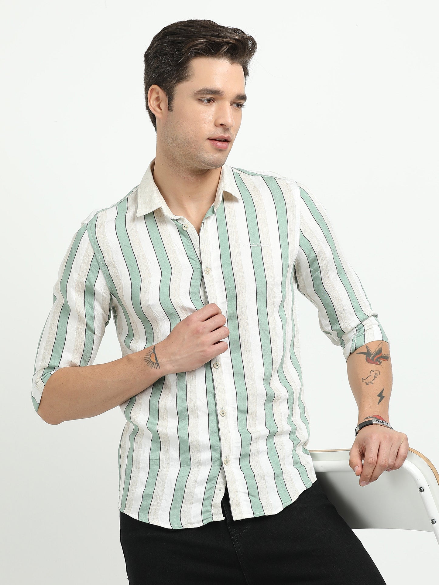 Men’s Mint Green & White Striped Linen Cotton Shirt