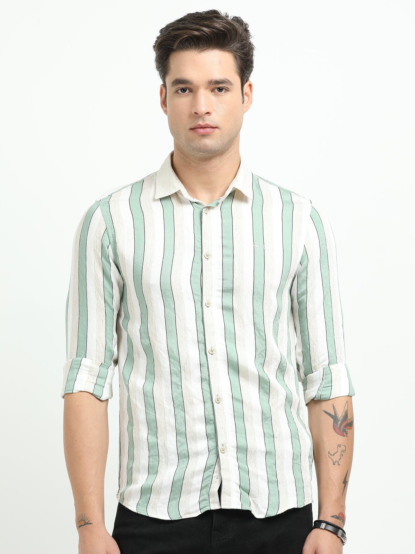 Men’s Mint Green & White Striped Linen Cotton Shirt