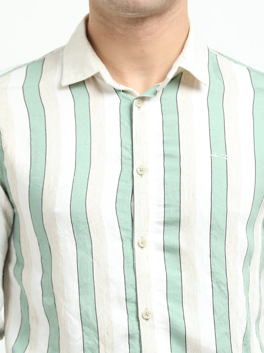 Men’s Mint Green & White Striped Linen Cotton Shirt