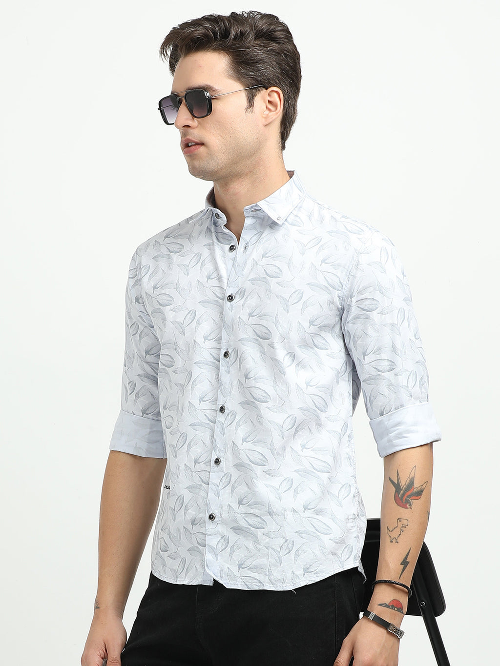 Men’s Sky Blue Leaf Print Cotton Shirt