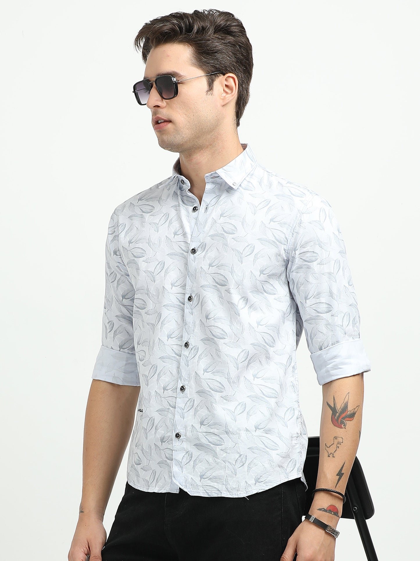 Men’s Sky Blue Leaf Print Cotton Shirt