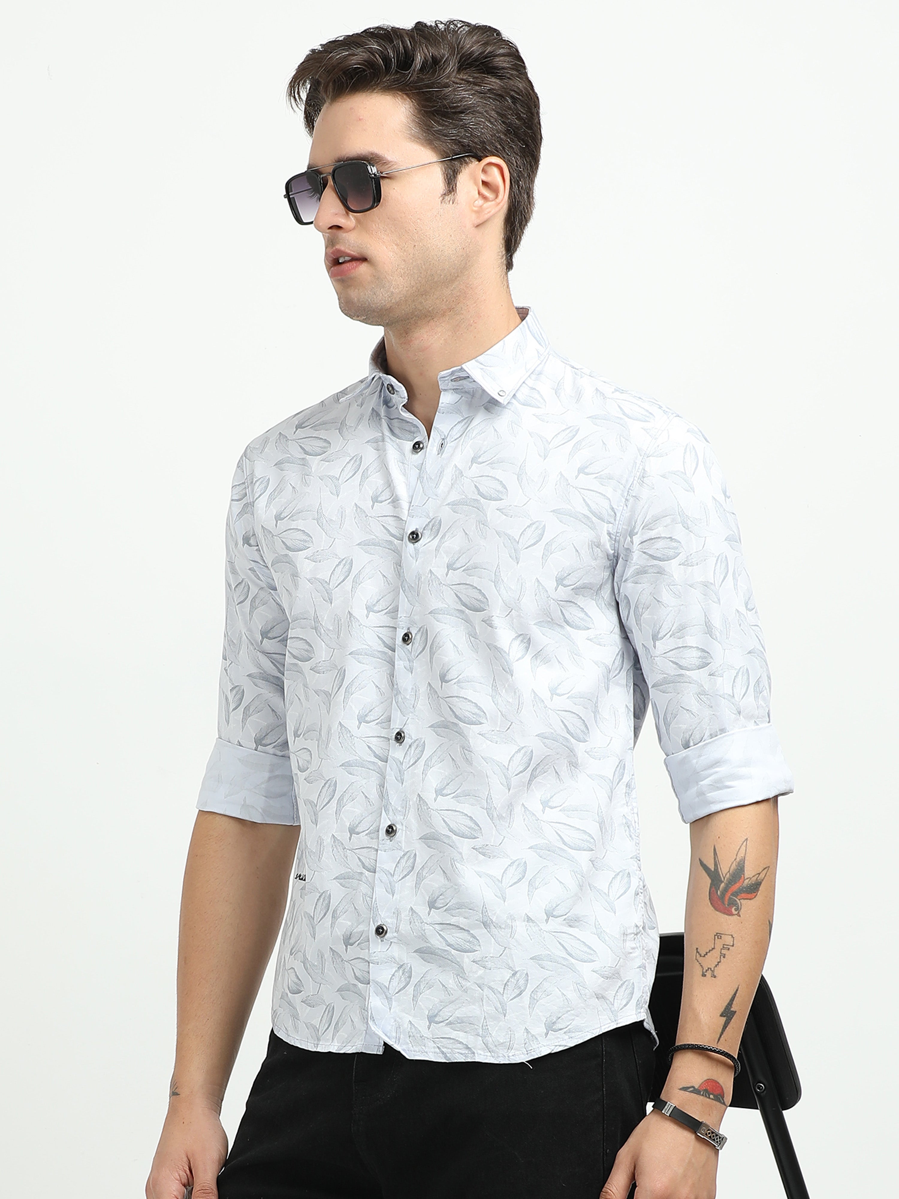 Men’s Sky Blue Leaf Print Cotton Shirt