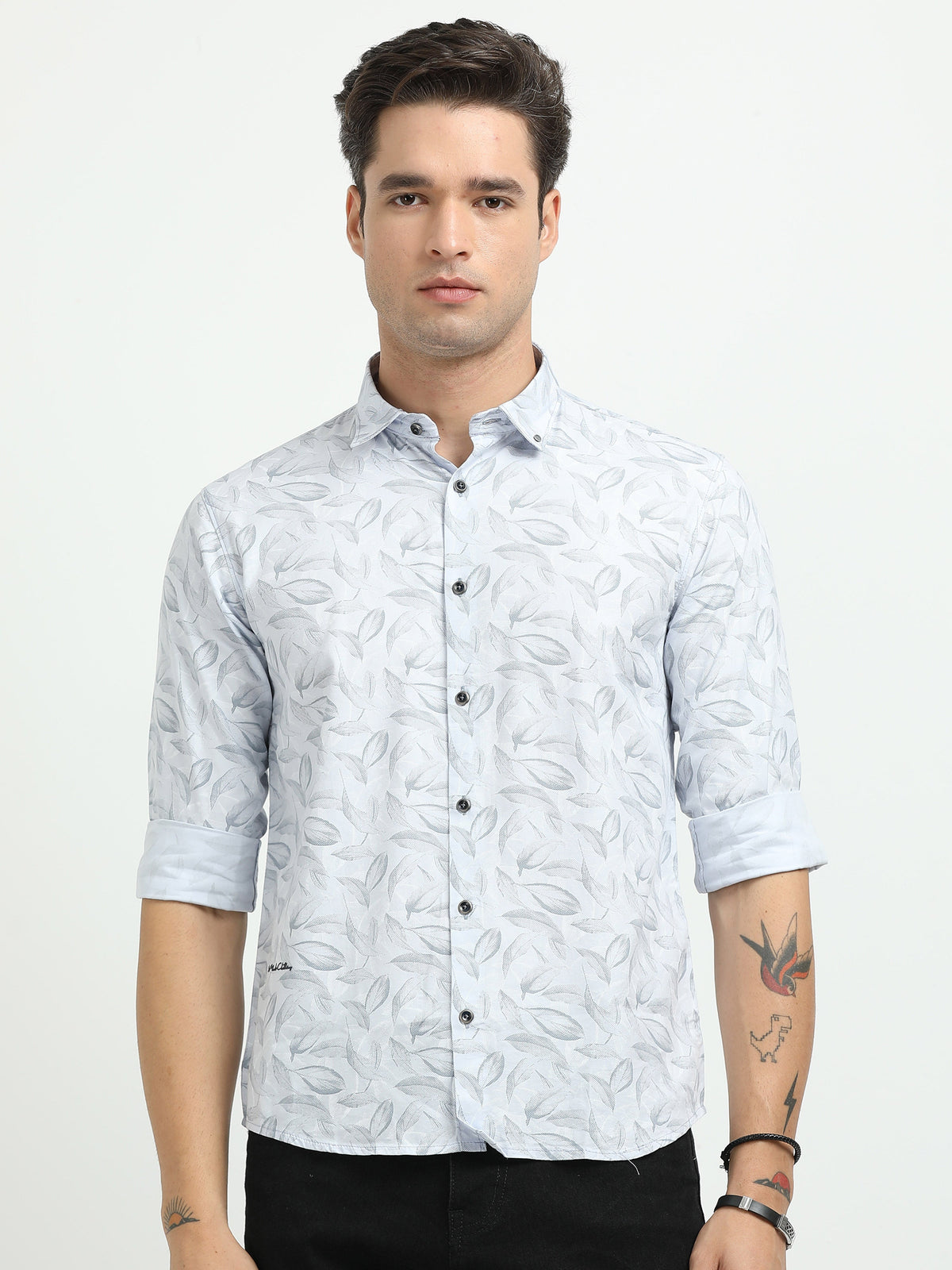 Men’s Sky Blue Leaf Print Cotton Shirt