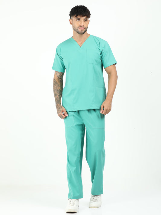 Men’s Sea Green Medical Scrub Set – V-Neck Top & Straight Pants | Twill Fabric, Antibacterial & Breathable – Eco Flex