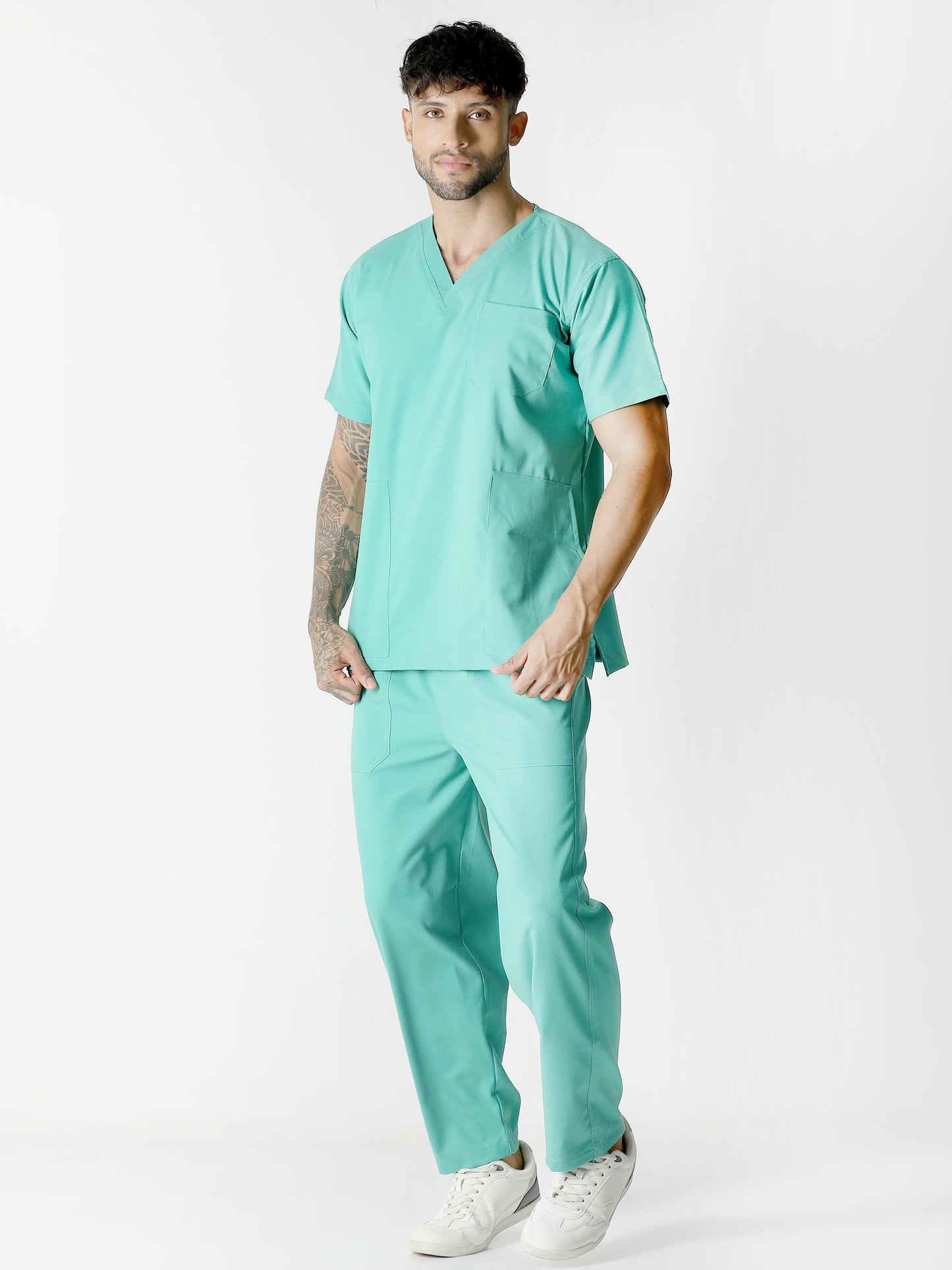 Men’s Sea Green Medical Scrub Set – V-Neck Top & Straight Pants | Twill Fabric, Antibacterial & Breathable – Eco Flex