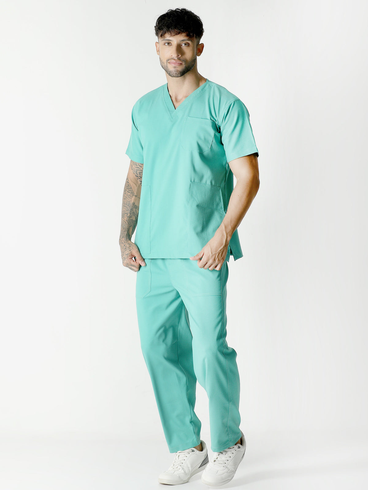 Men’s Sea Green Medical Scrub Set – V-Neck Top & Straight Pants | Twill Fabric, Antibacterial & Breathable – Eco Flex