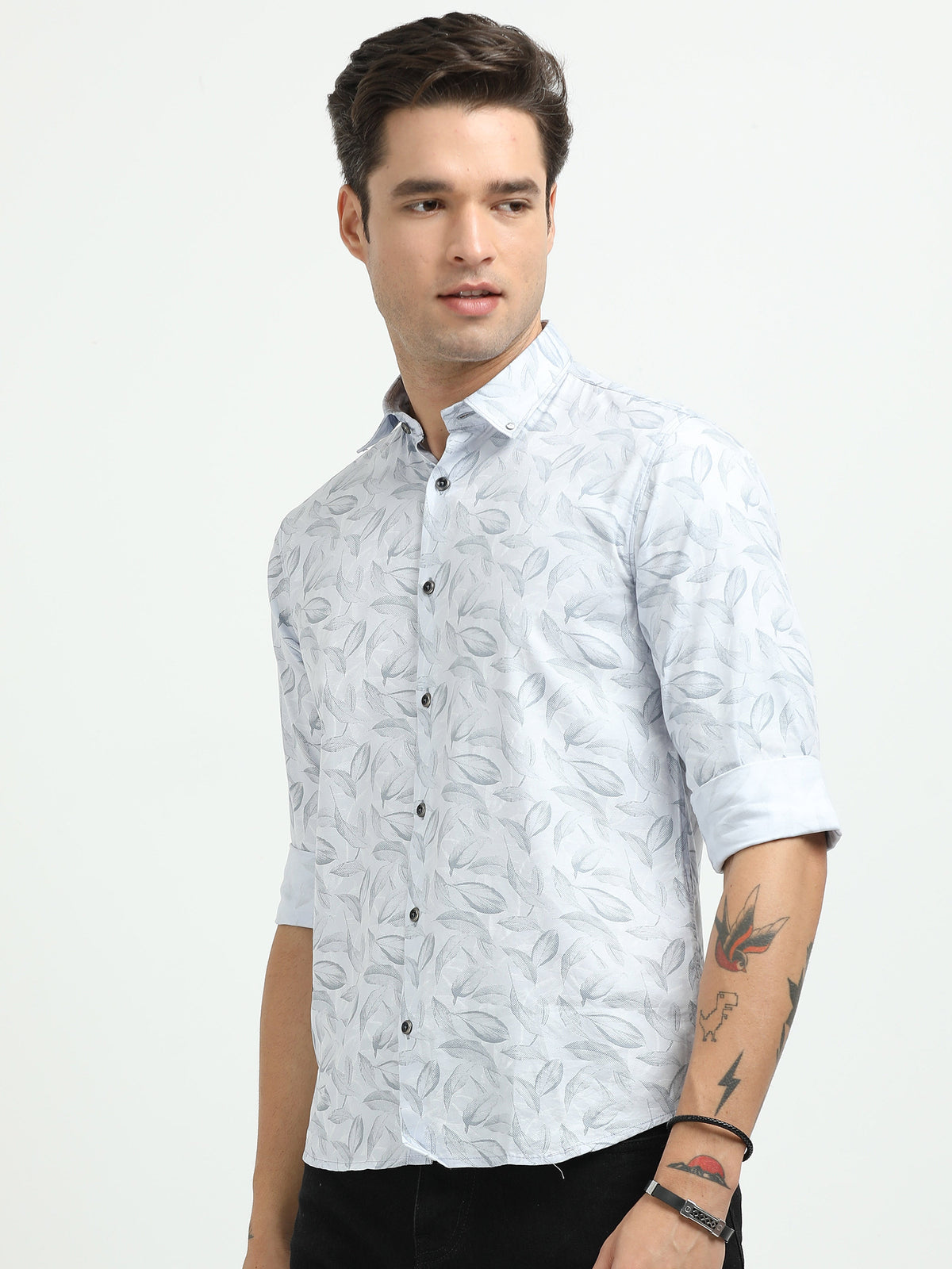 Men’s Sky Blue Leaf Print Cotton Shirt