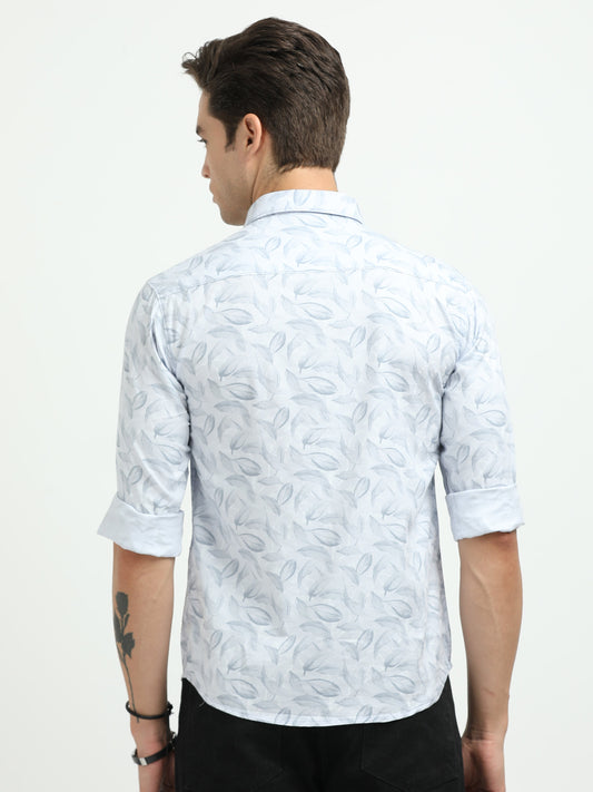 Men’s Sky Blue Leaf Print Cotton Shirt