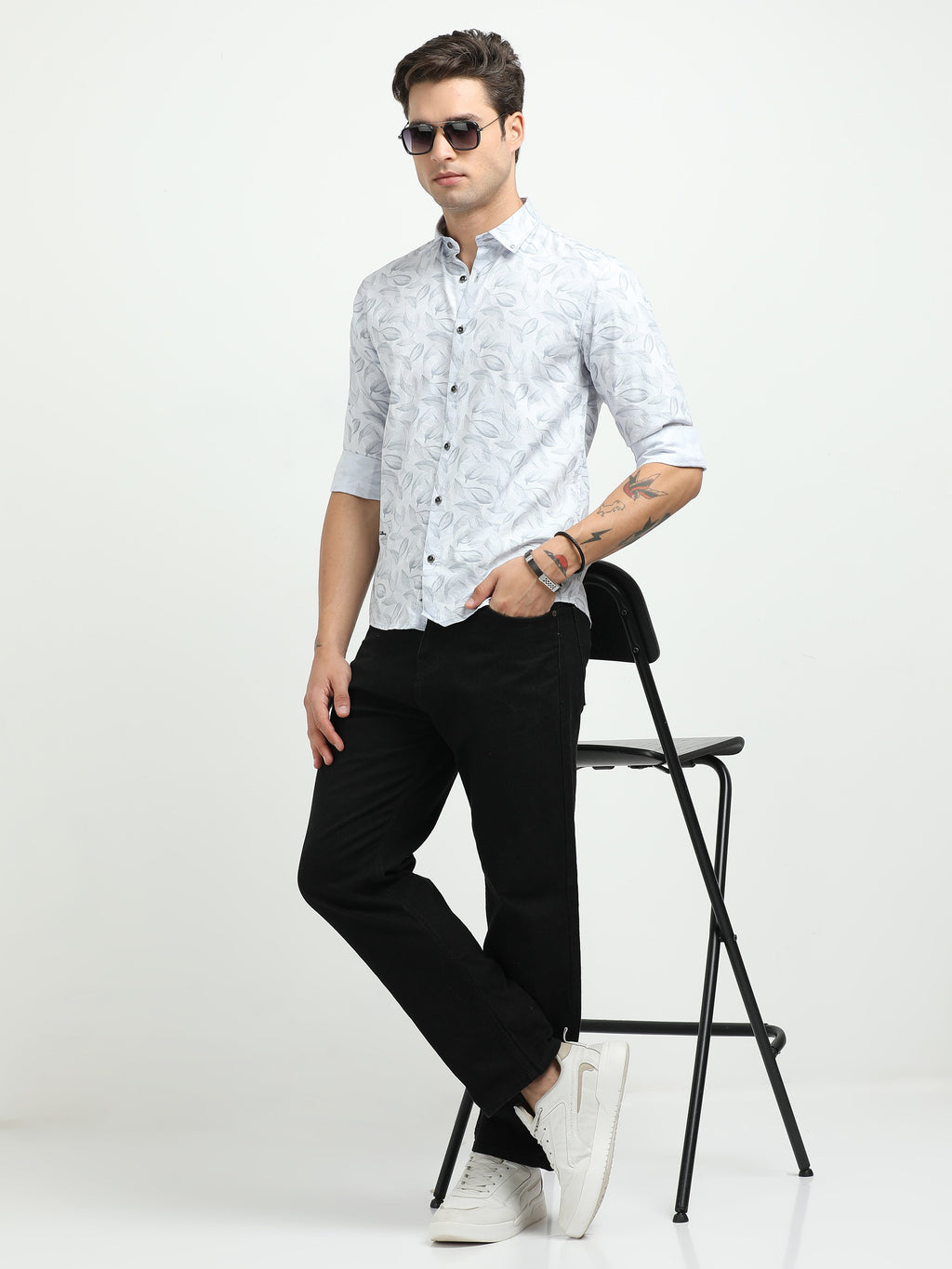 Men’s Sky Blue Leaf Print Cotton Shirt