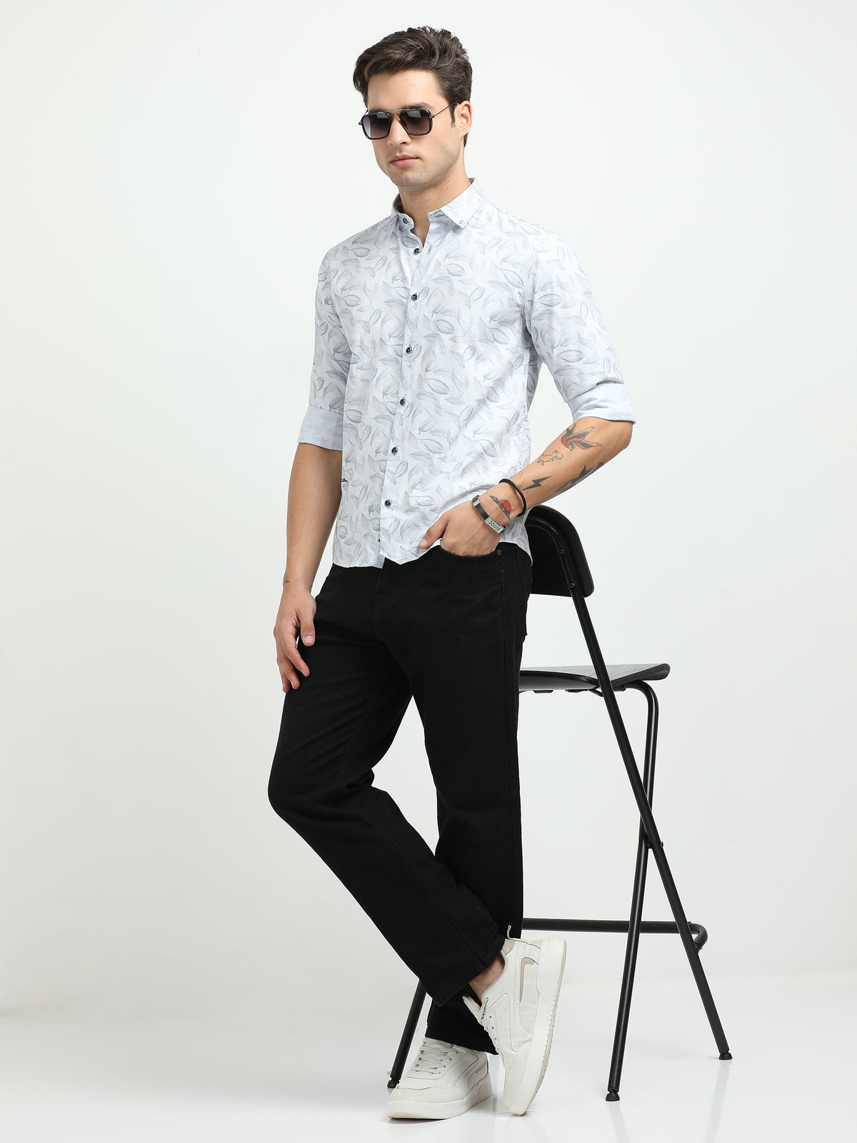 Men’s Sky Blue Leaf Print Cotton Shirt