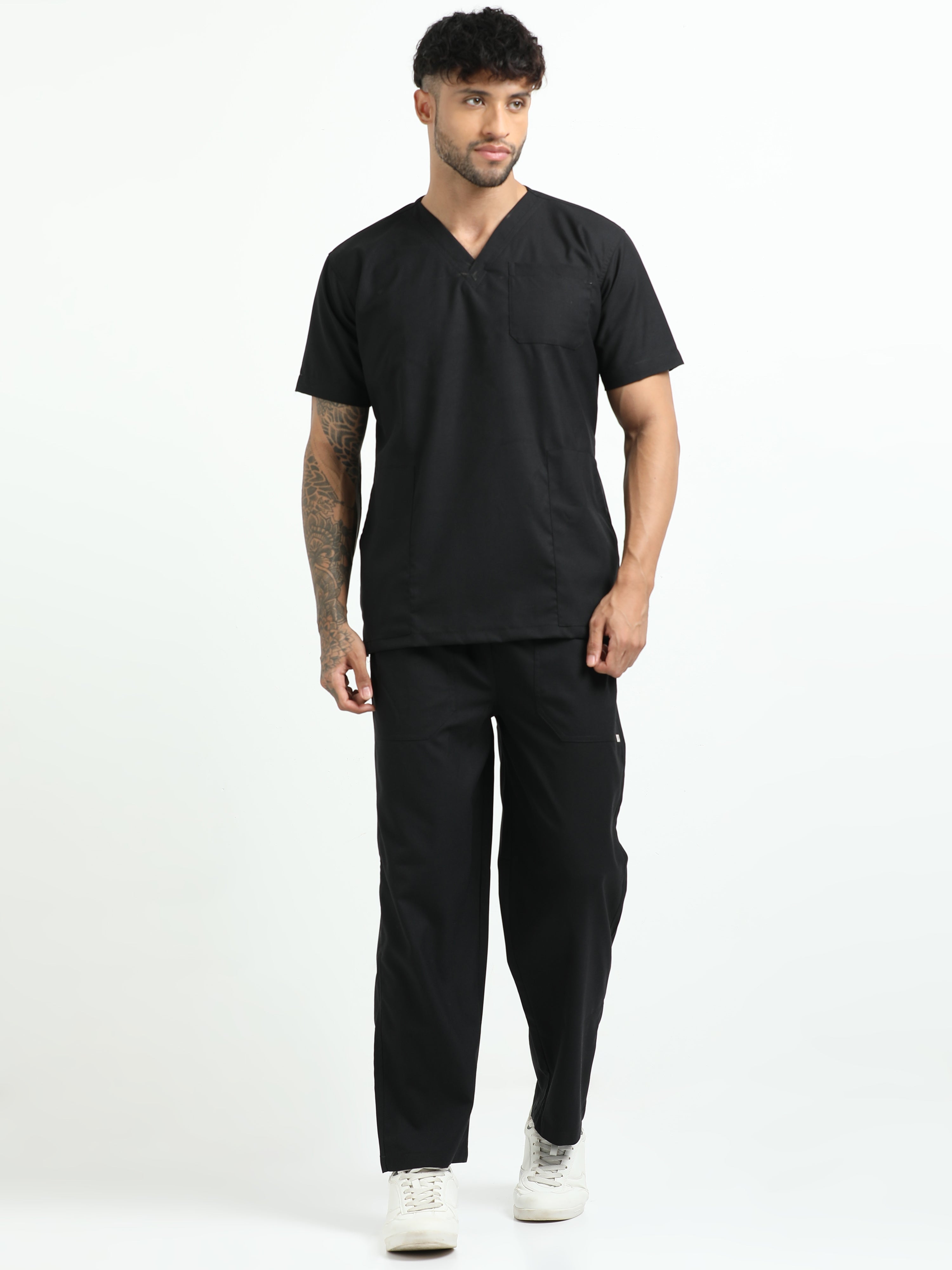Men’s Black Knight Medical Scrub Set – V-Neck Top & Straight Pants | 2-Way Stretch, Antibacterial & Fade-Proof – Apollo