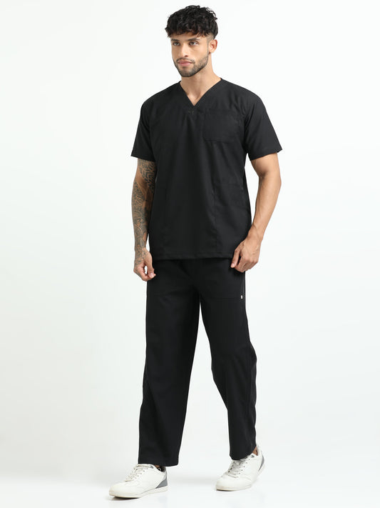 Men’s Black Knight Medical Scrub Set – V-Neck Top & Straight Pants | 2-Way Stretch, Antibacterial & Fade-Proof – Apollo