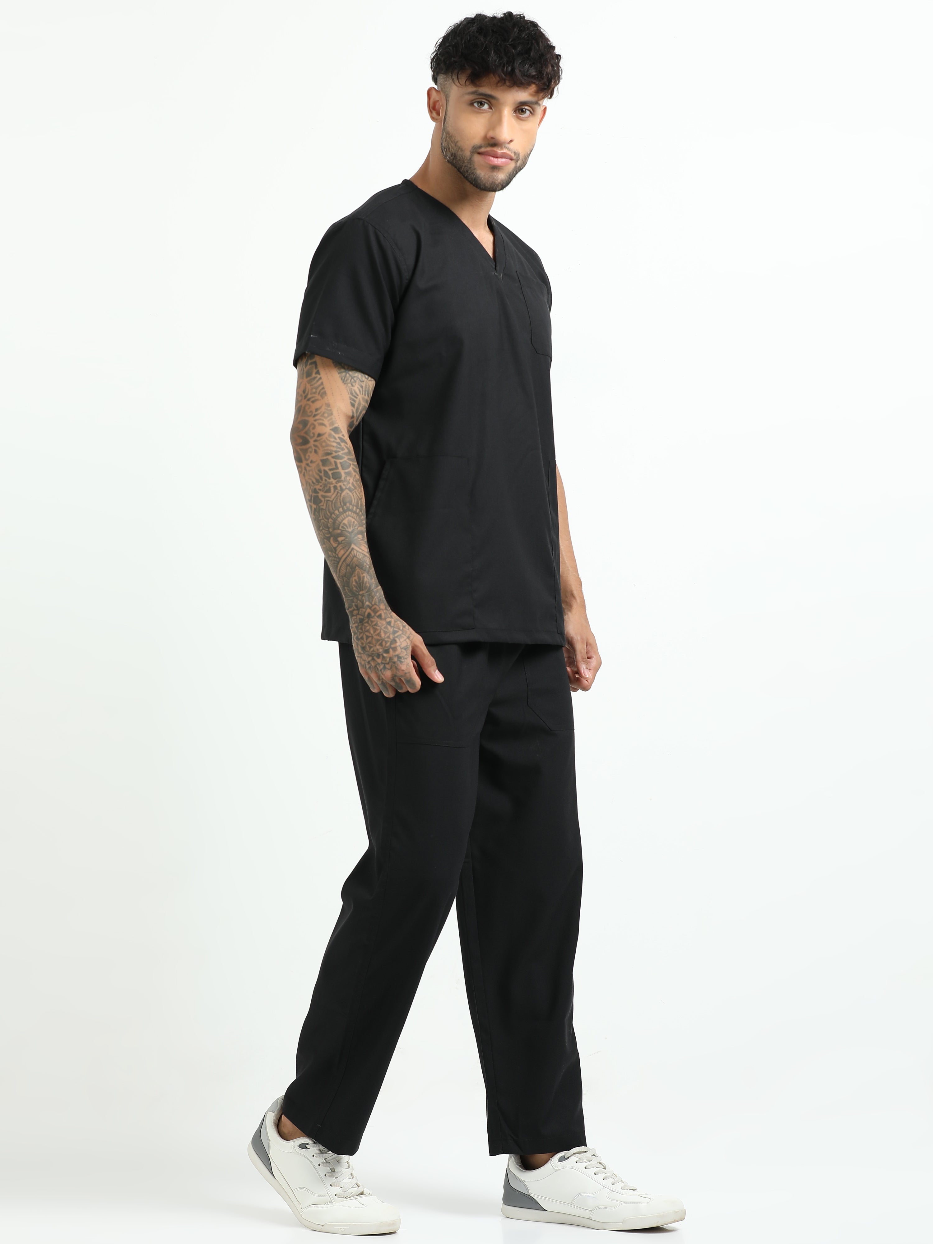 Men’s Black Knight Medical Scrub Set – V-Neck Top & Straight Pants | 2-Way Stretch, Antibacterial & Fade-Proof – Apollo