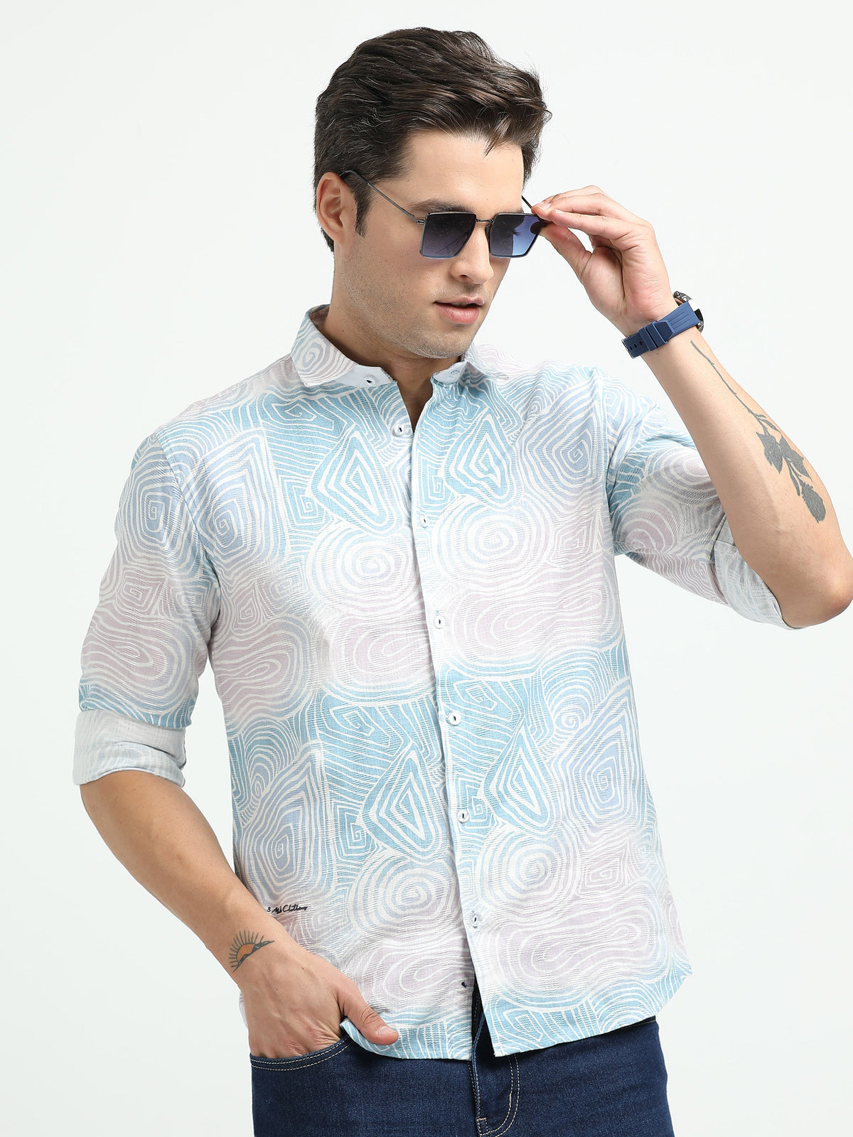 Men’s Sky Blue Abstract Print Cotton Linen Shirt