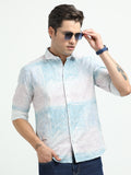 Men’s Sky Blue Abstract Print Cotton Linen Shirt