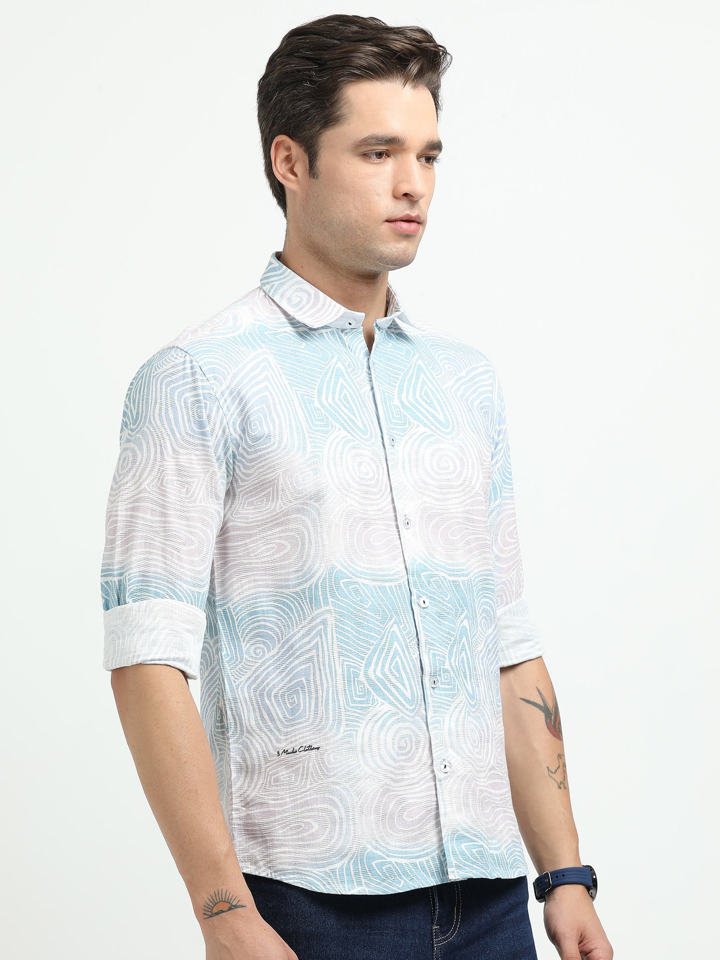 Men’s Sky Blue Abstract Print Cotton Linen Shirt