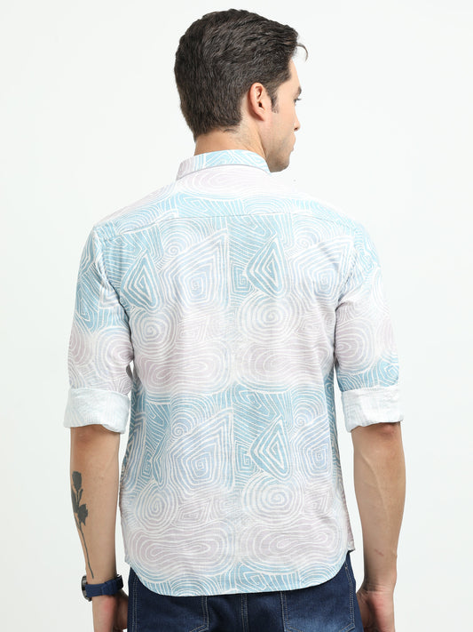 Men’s Sky Blue Abstract Print Cotton Linen Shirt
