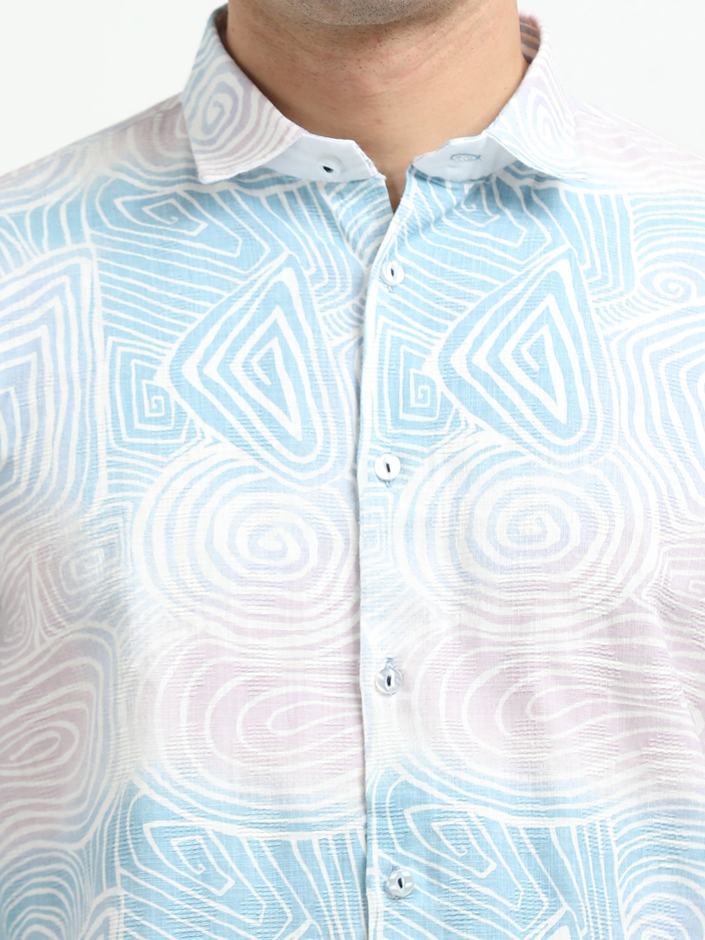 Men’s Sky Blue Abstract Print Cotton Linen Shirt