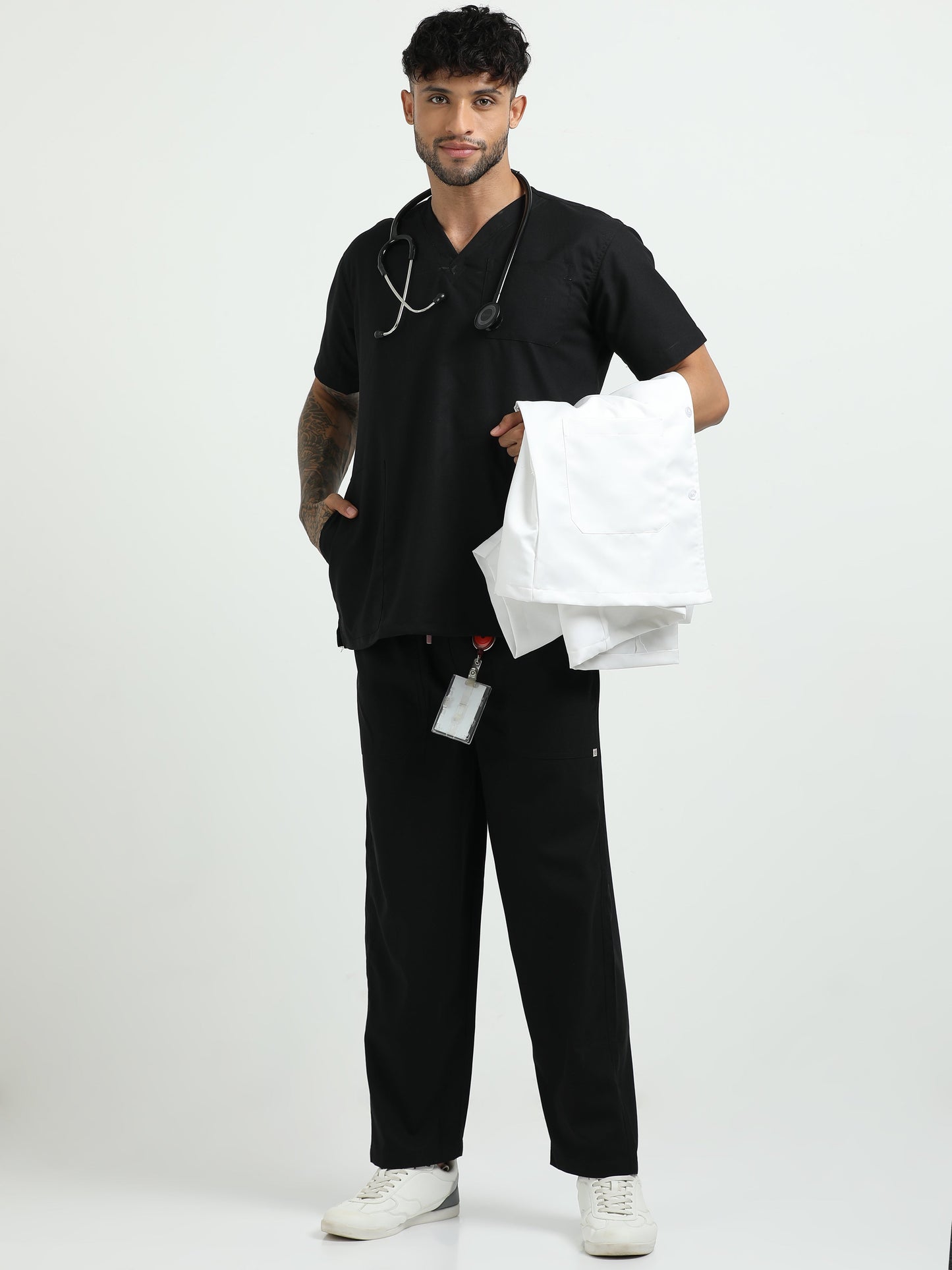 Men’s Black Knight Medical Scrub Set – V-Neck Top & Straight Pants | 2-Way Stretch, Antibacterial & Fade-Proof – Apollo