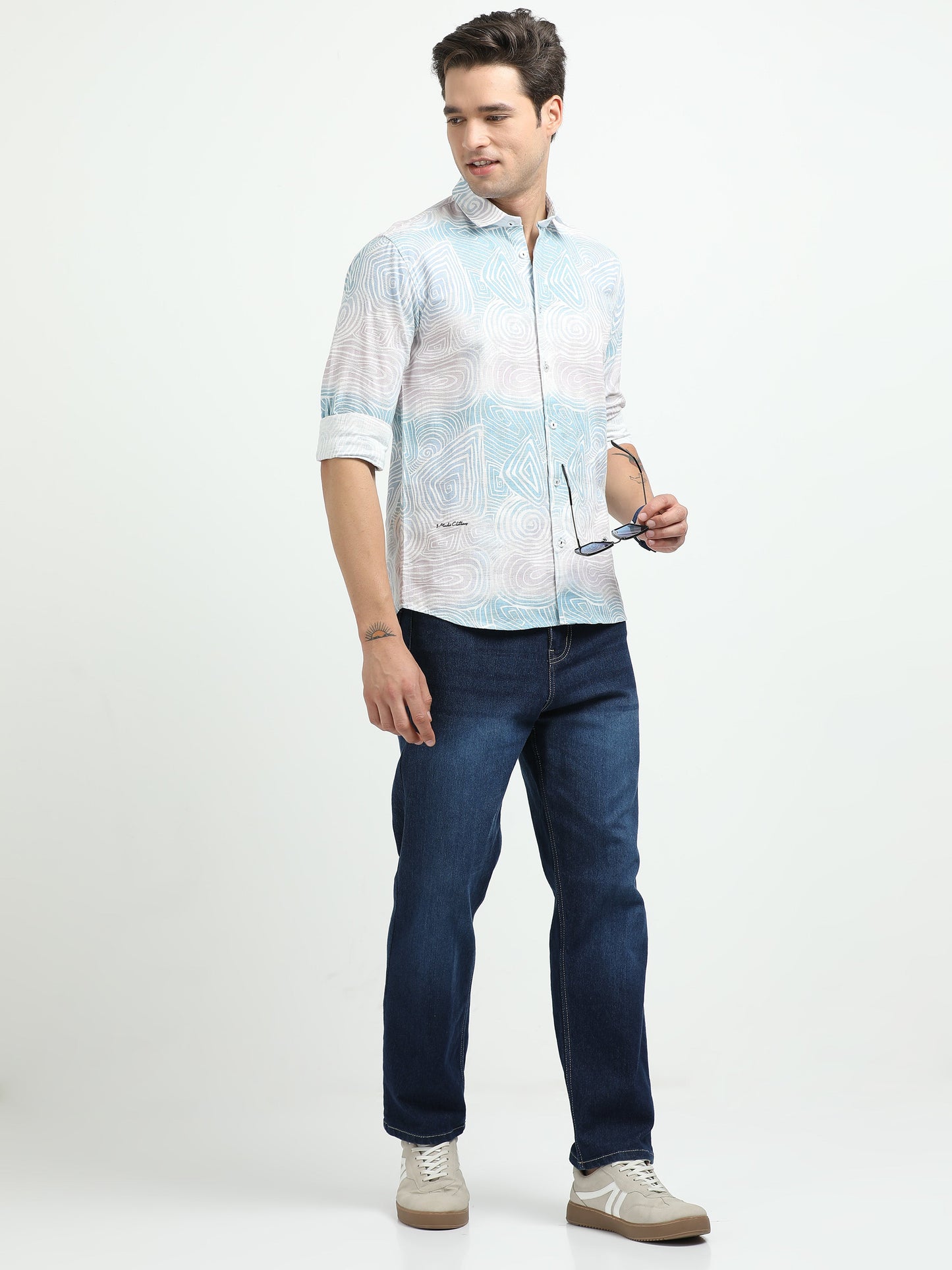 Men’s Sky Blue Abstract Print Cotton Linen Shirt