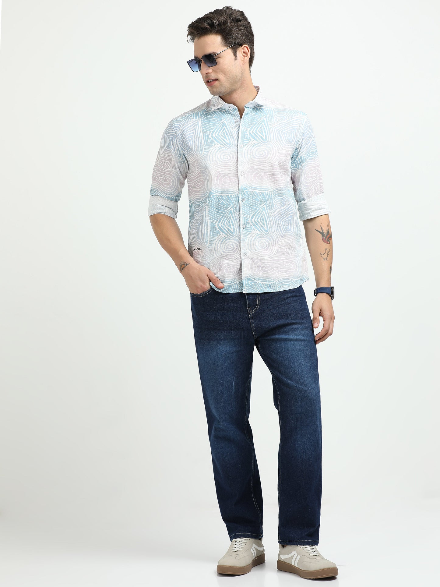 Men’s Sky Blue Abstract Print Cotton Linen Shirt