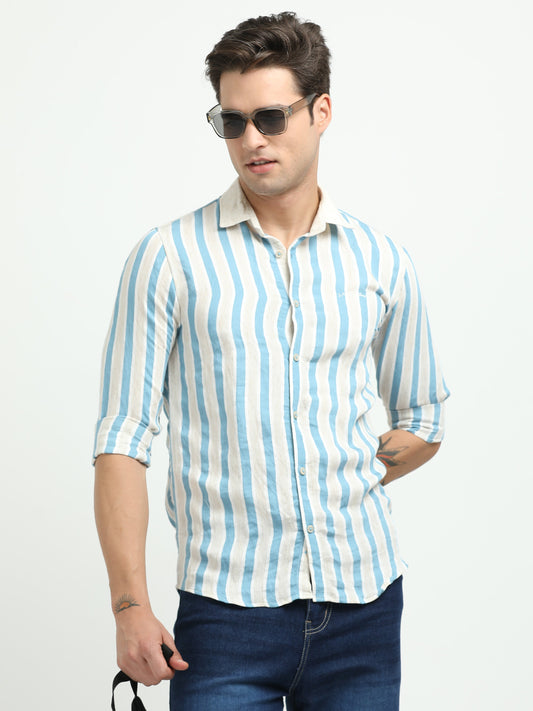 Men’s Blue & White Striped Linen Cotton Shirt