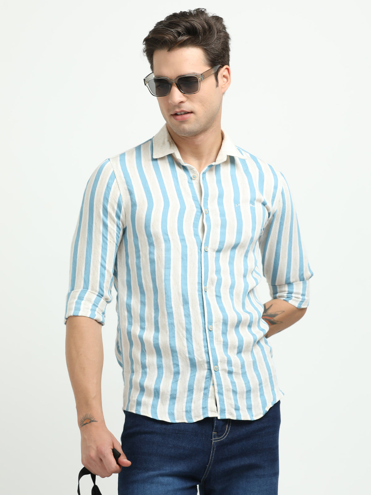 Men’s Blue & White Striped Linen Cotton Shirt