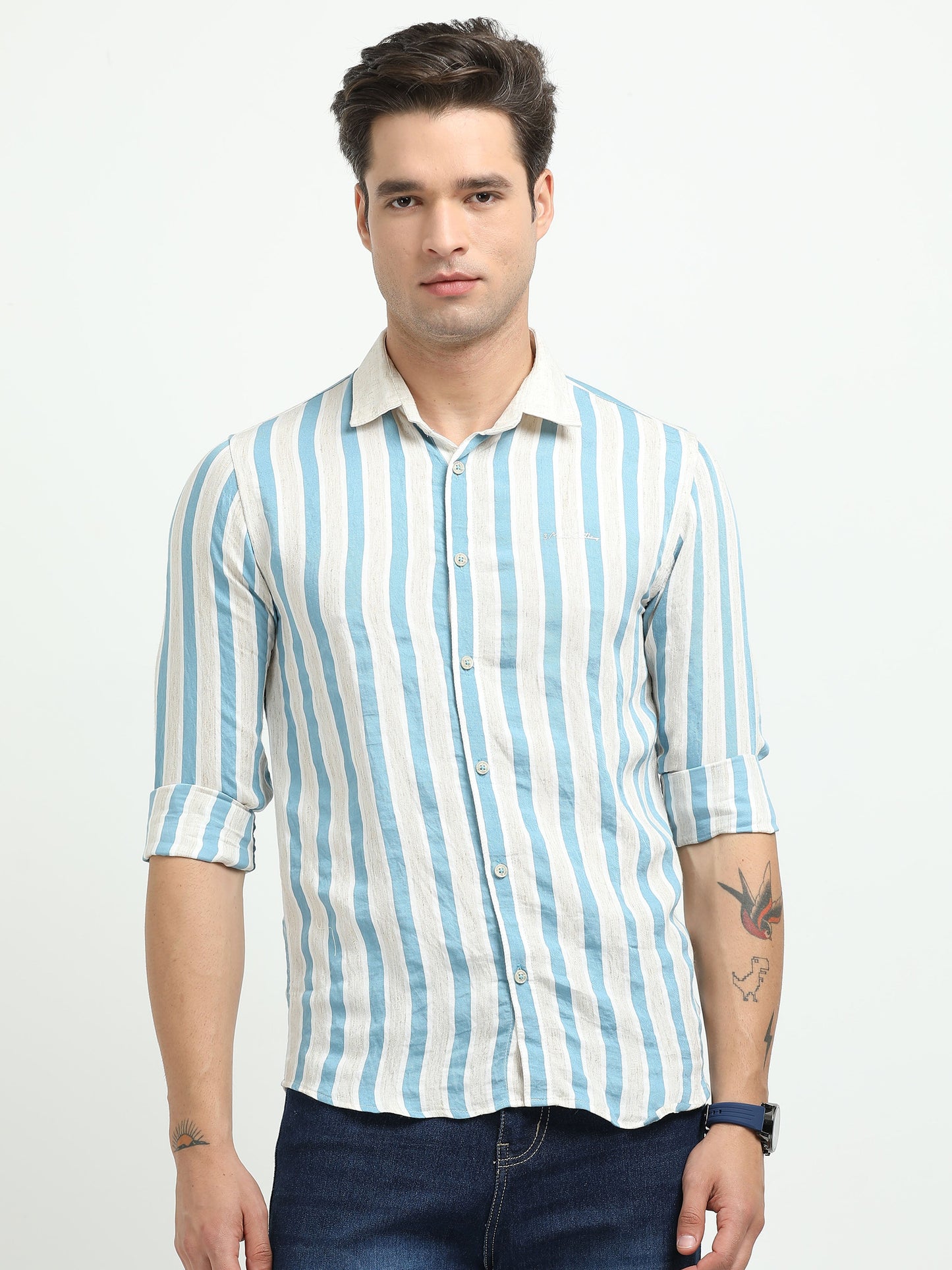 Men’s Blue & White Striped Linen Cotton Shirt