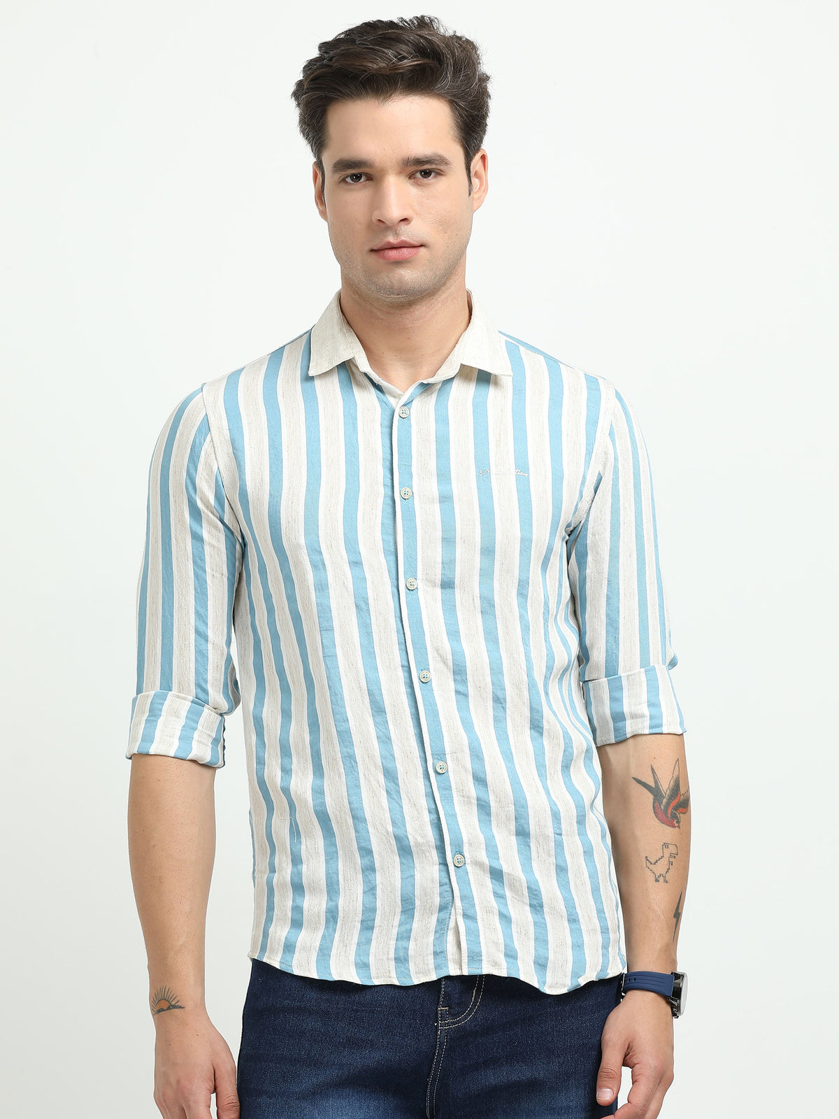 Men’s Blue & White Striped Linen Cotton Shirt