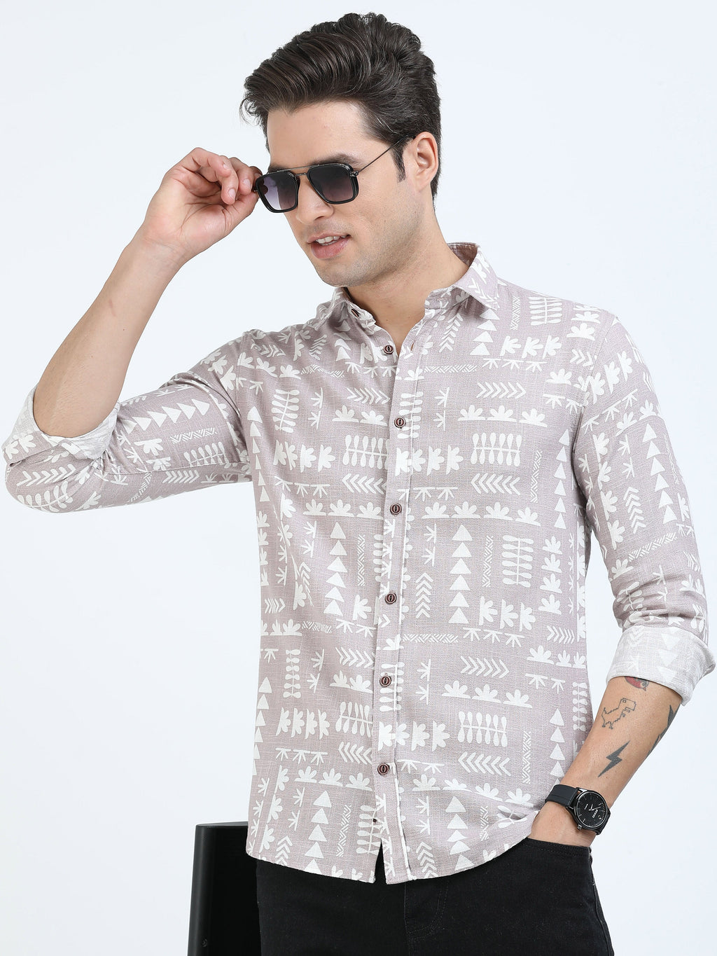 Men’s Beige Tribal Print Cotton Linen Shirt