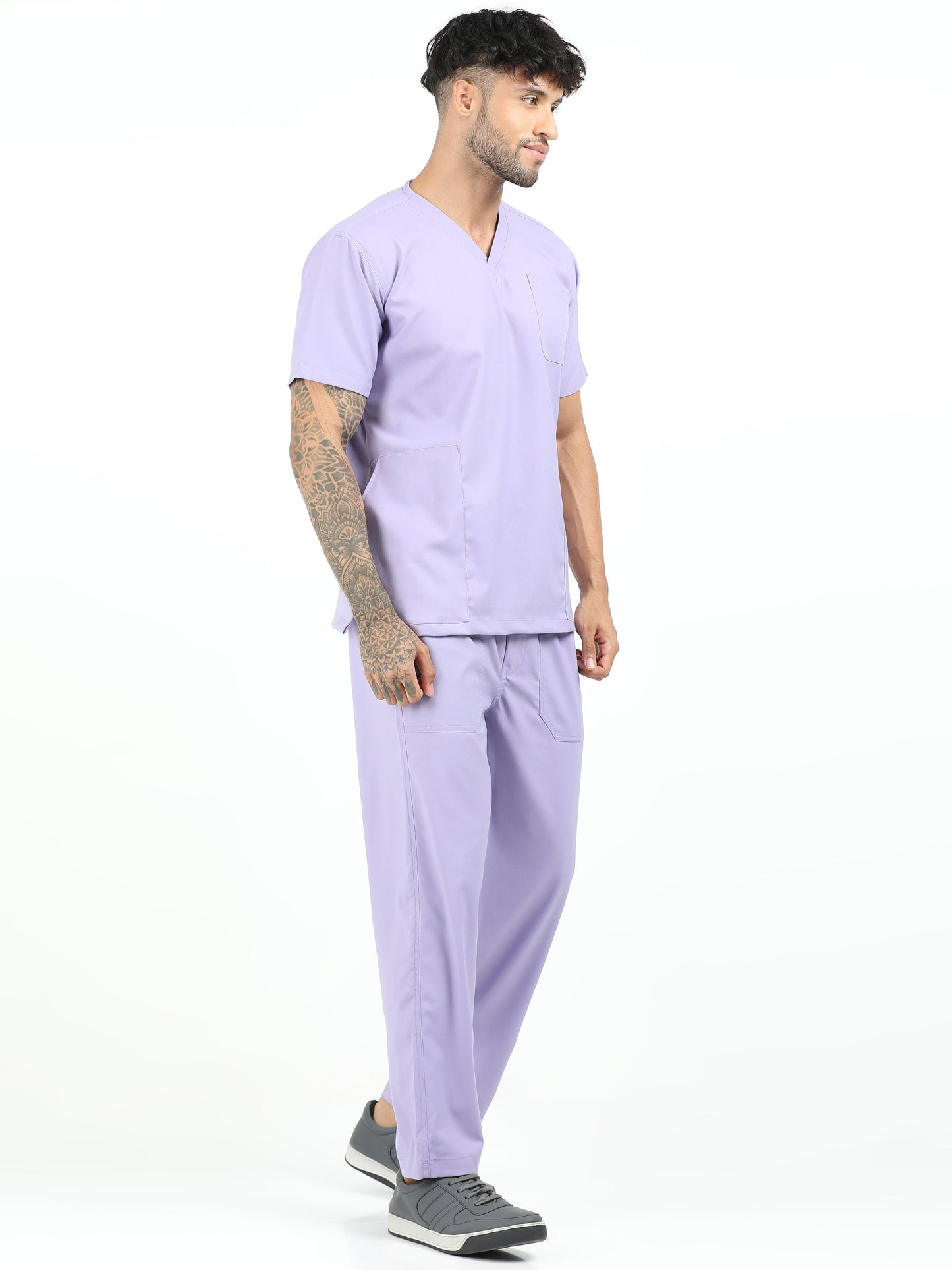Men’s Pastel Lilac Medical Scrub Set – V-Neck Top & Straight Pants | Twill Fabric, Soft & Antibacterial Comfort – Eco Flex