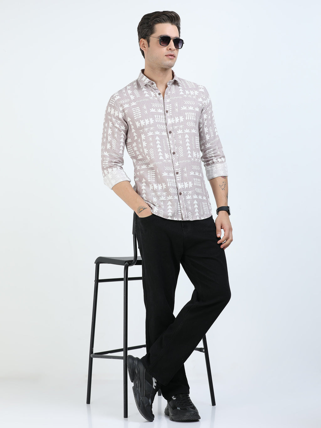 Men’s Beige Tribal Print Cotton Linen Shirt