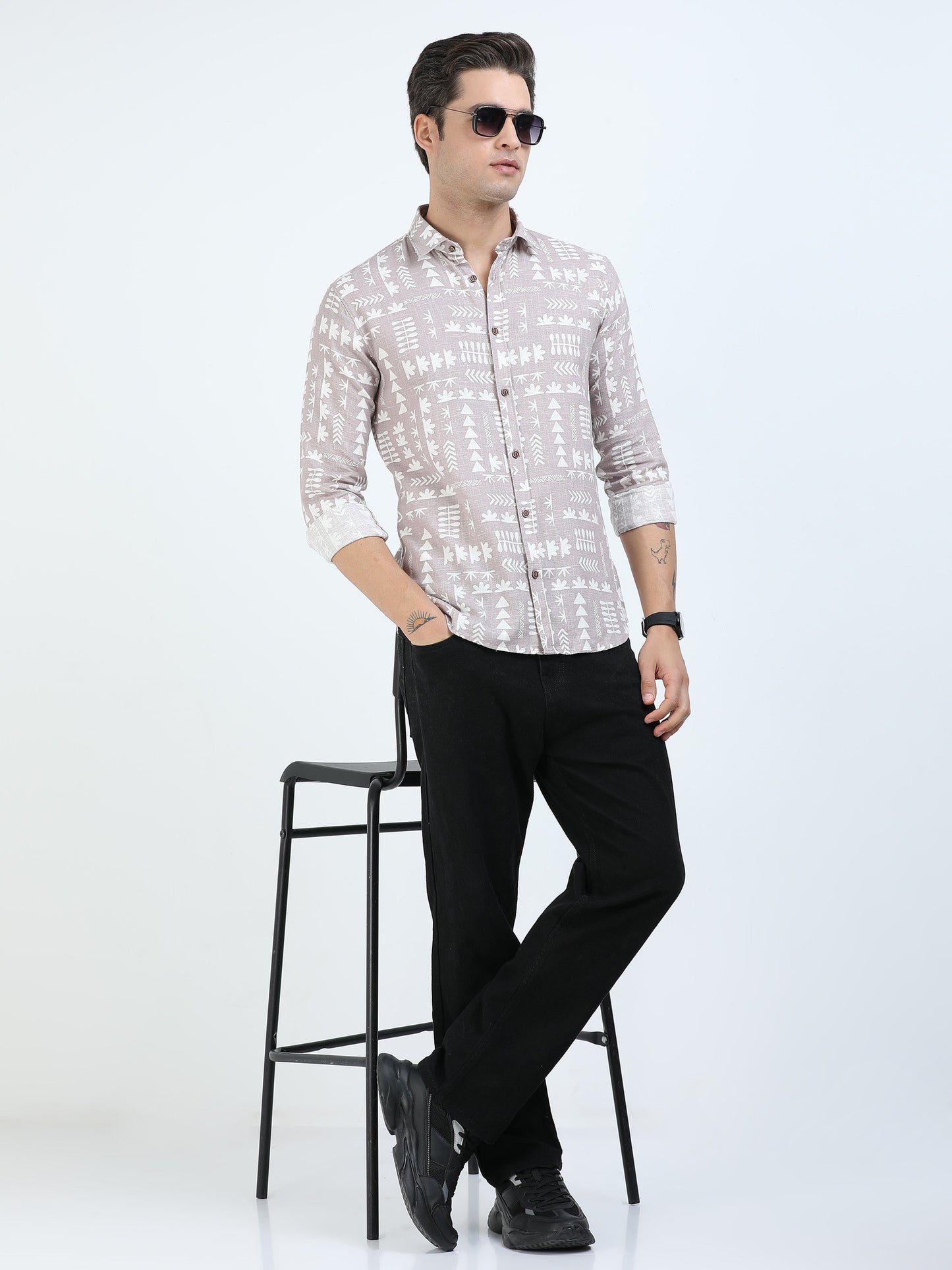 Men’s Beige Tribal Print Cotton Linen Shirt