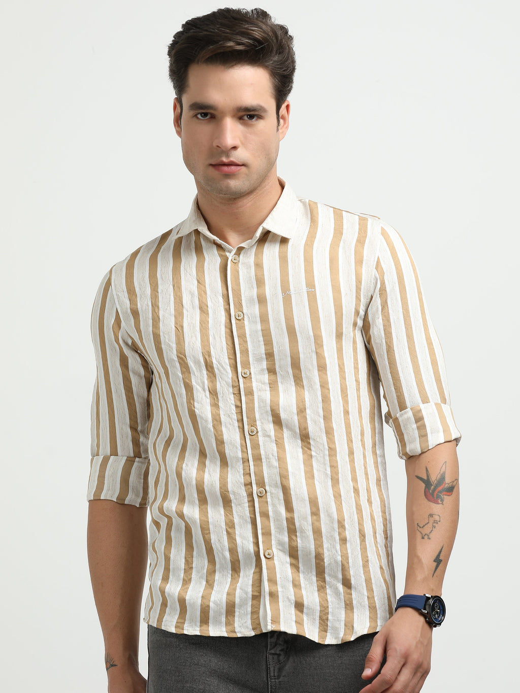 Men’s Beige & White Striped Linen Cotton Shirt