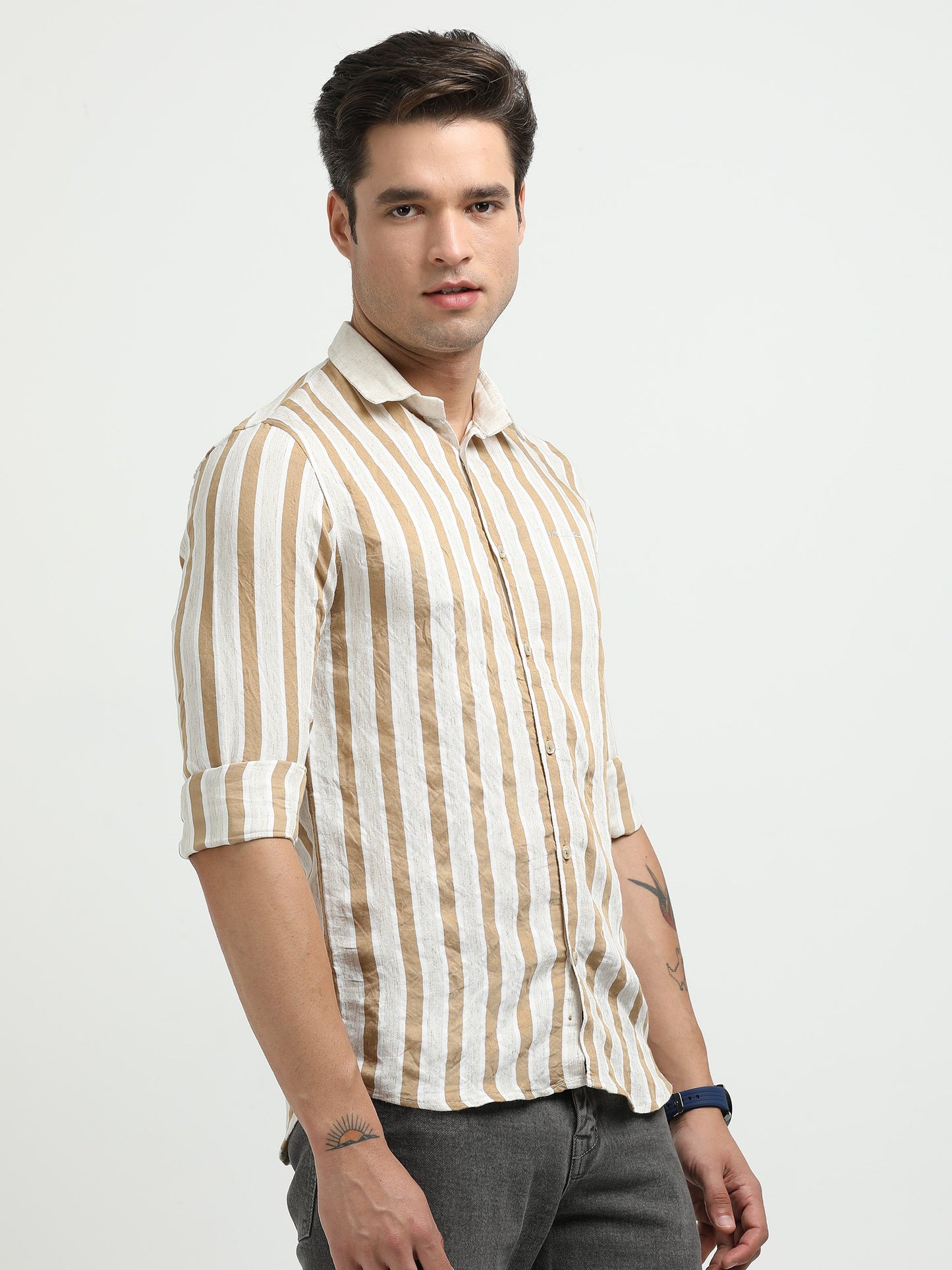 Men’s Beige & White Striped Linen Cotton Shirt