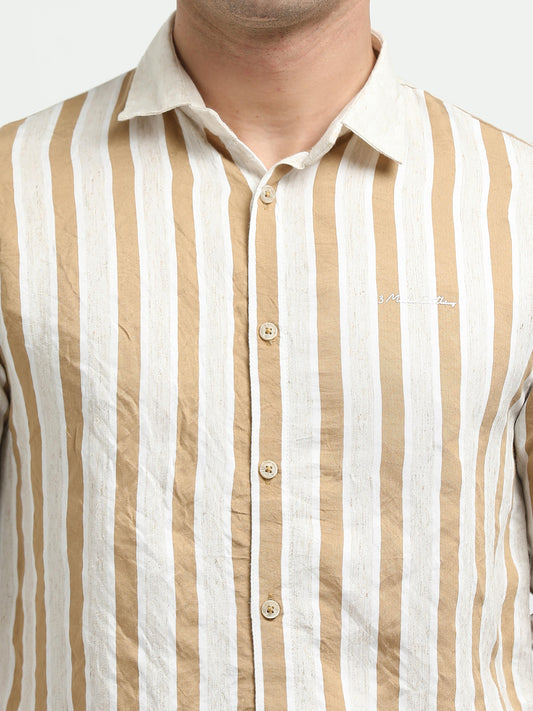 Men’s Beige & White Striped Linen Cotton Shirt
